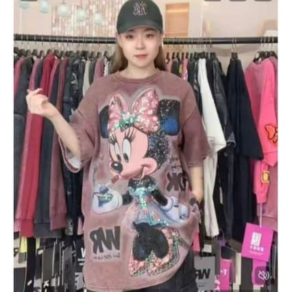 European Style Cartoon Minnie T-Shirt for Women 2025 Printed Dye Women's Spring Summer New Heavy-Duty Letter Print Sequined Top
