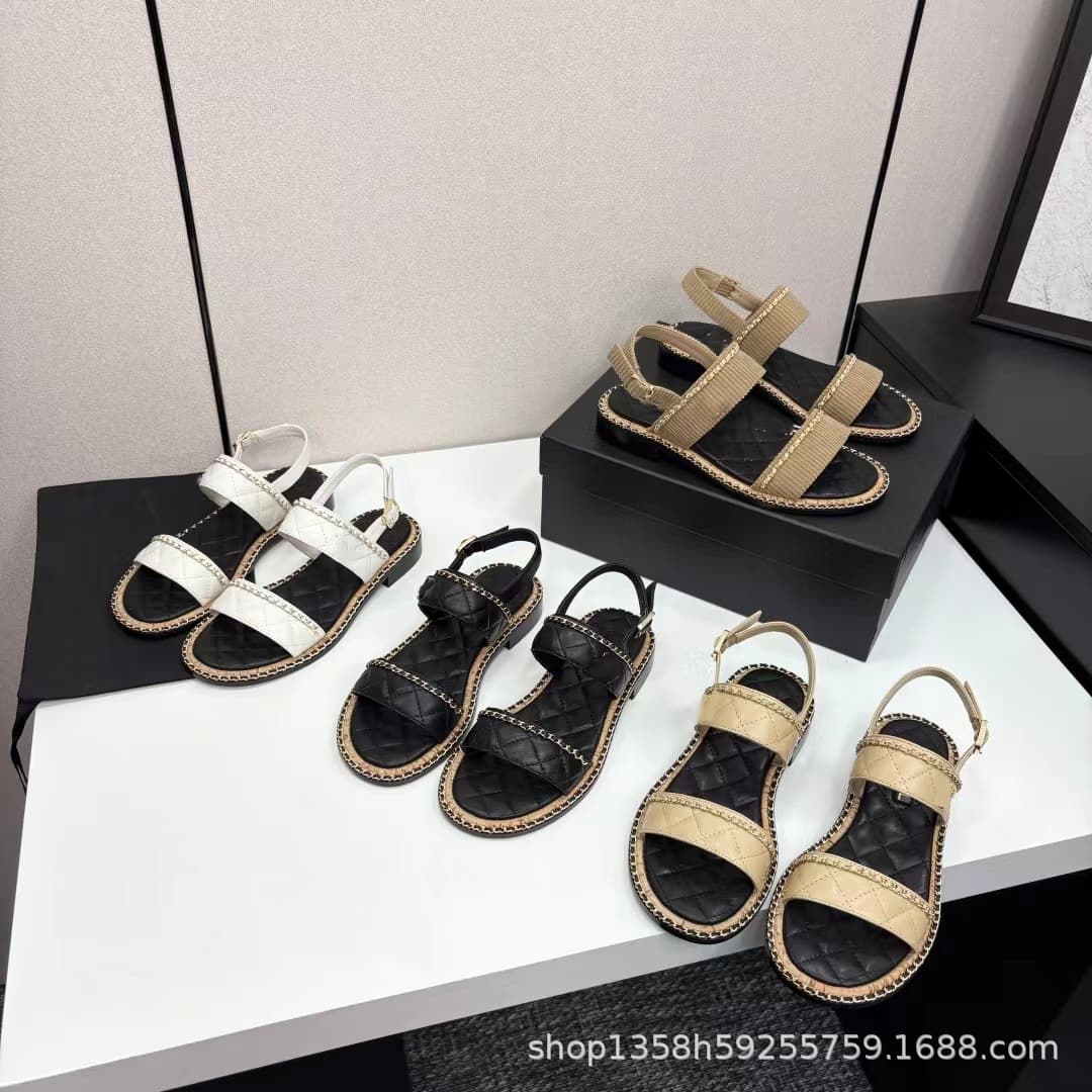 2025 Summer New Small Fragrance Genuine Leather Round Toe Open Toe Chunky Heel Diamond Pattern Fashion Versatile Casual Sandals for Women
