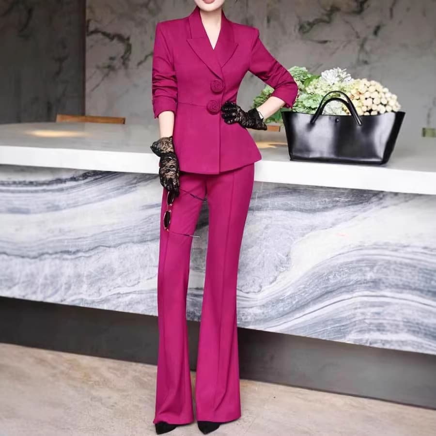 Pre-sale 2605 Plus Size Women's Business Suit Set Slimming Notch Lapel Blazer with Straight-Leg Flared Pants Two-Piece Set