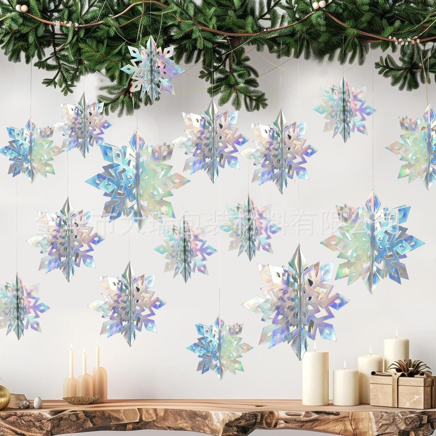 Cross-border Amazon Christmas Party Decoration Holographic Laser Iridescent 3D Snowflake Hanging Ornaments Six-Piece Set