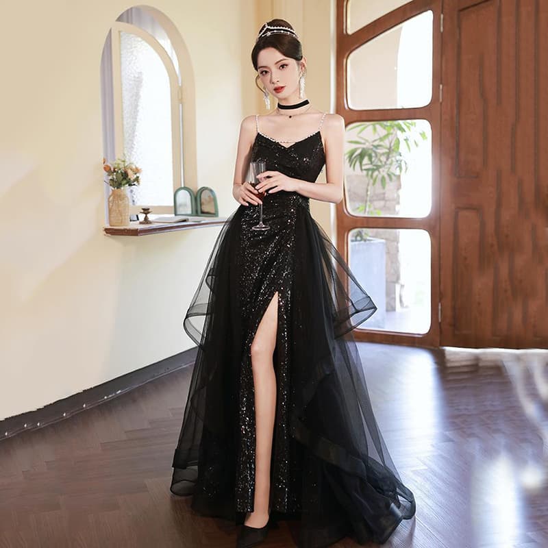 Black Party Evening Dress with Sequins, Strappy Sexy High Slit Performance Gown for Art Exams