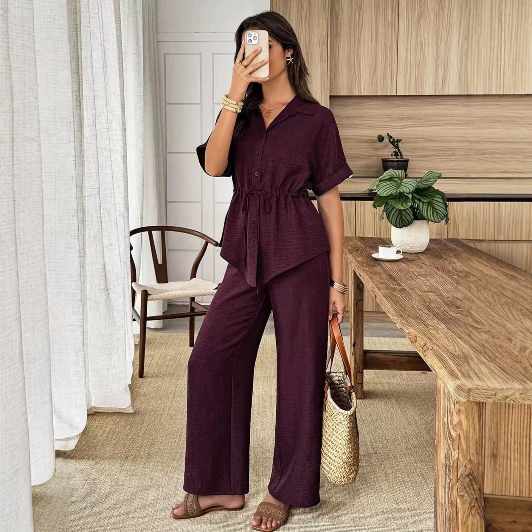 European and American Cross-Border Solid Color Short-Sleeve Long-Pants Button Front Belt Set