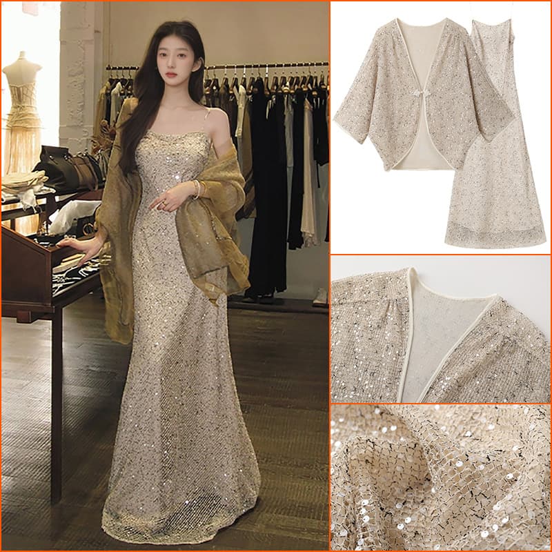 New Chinese Style Heavy Sequin Embroidery Design Dress Women Early Autumn New Jacket Dress Set N8048