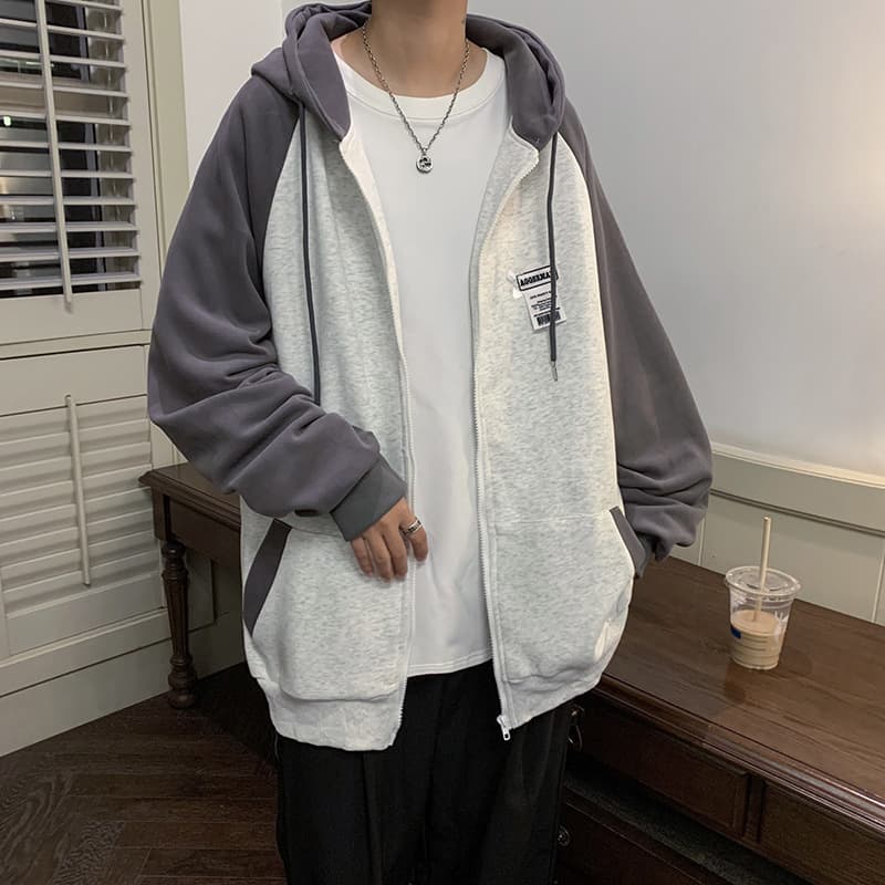 Retro trendy brand hooded cardigan sweatshirt for men spring and autumn oversize contrasting coat American couple trend