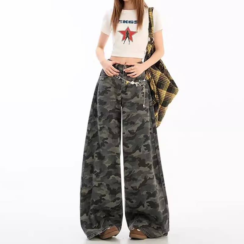 Lazy Style Casual Ins Camo Wide Leg Jeans Women Spring Autumn New Hanging Loose Floor-Length Jeans Trend