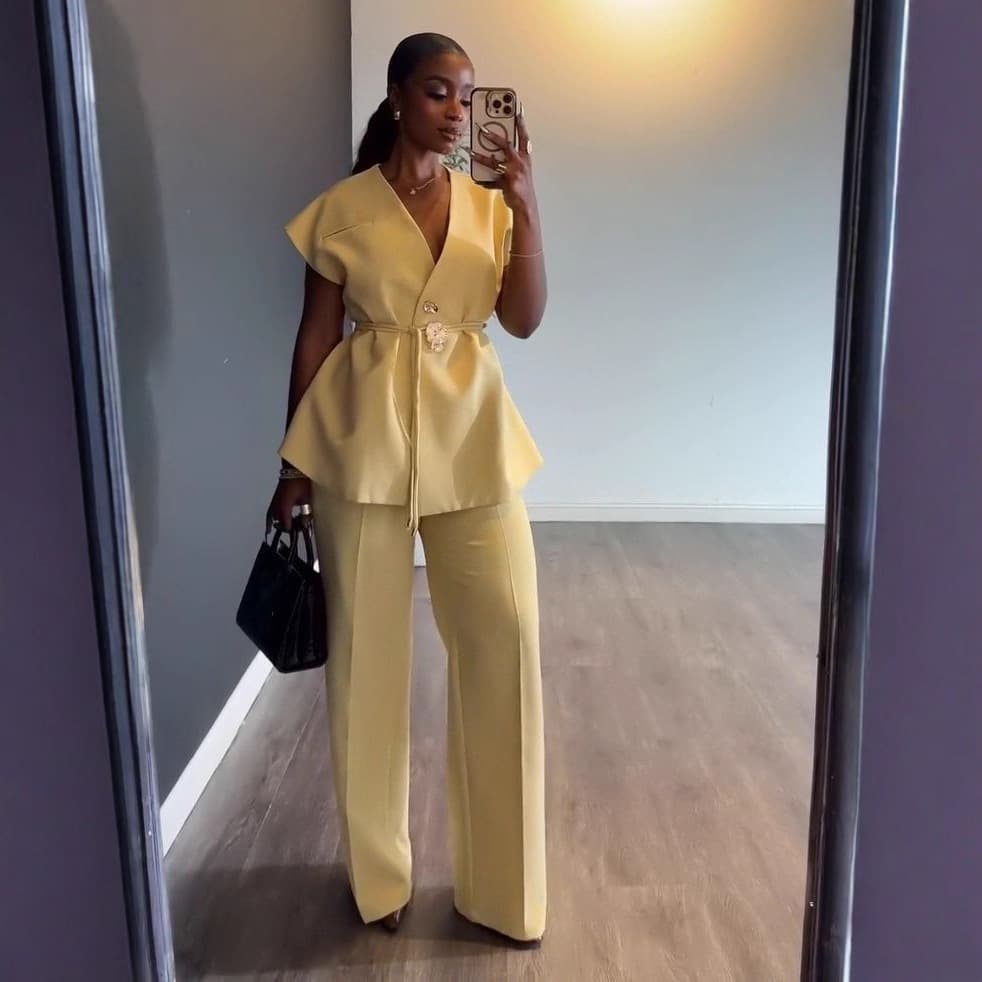 In Stock 2025 Autumn New Cross-border European and American Women's Fashion V-Neck Fitted Tie Strap Sleeveless Top Wide-Leg Pants Set