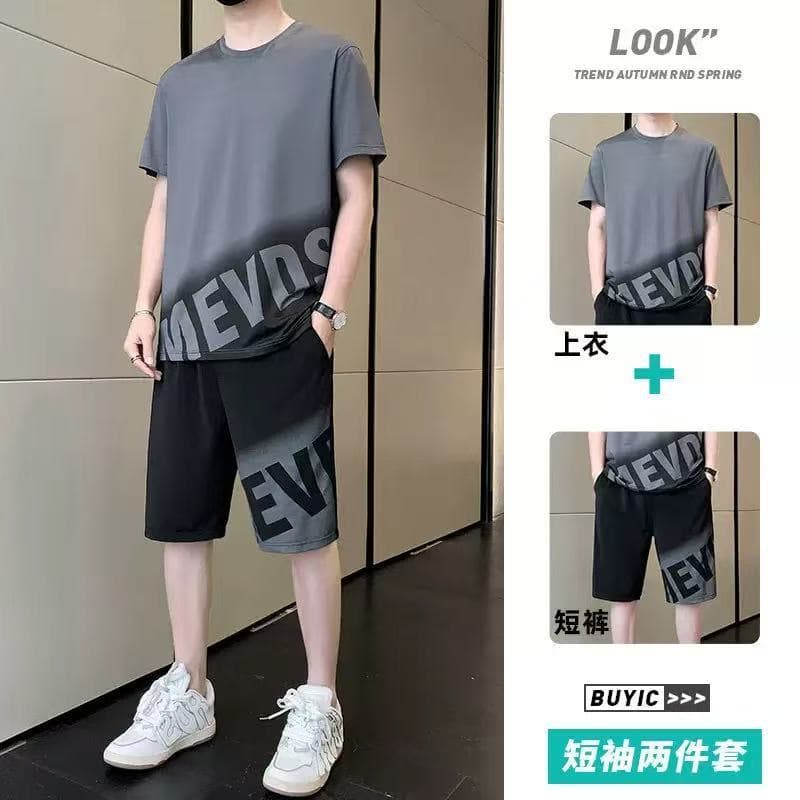 Ice Silk T-Shirt Set for Men Summer Trendy Gradient Quick-Dry Short Sleeve Shorts Casual Sport Suit 2-Piece Set