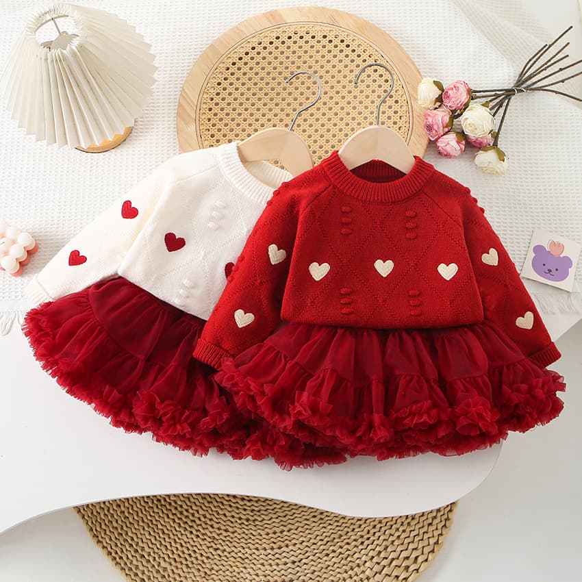 Girls' Sweater New Autumn/Winter Heart Embroidery Knit Top, Baby Girl Festive Warm Sweater Base Layer