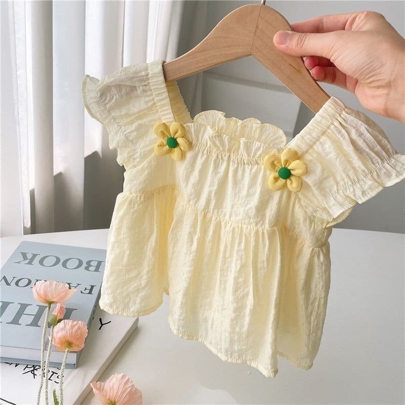 Korean-style Girls' Doll Blouse, Fashionable Loose Baby Top, Short Sleeve, Yellow Floral Doll Blouse