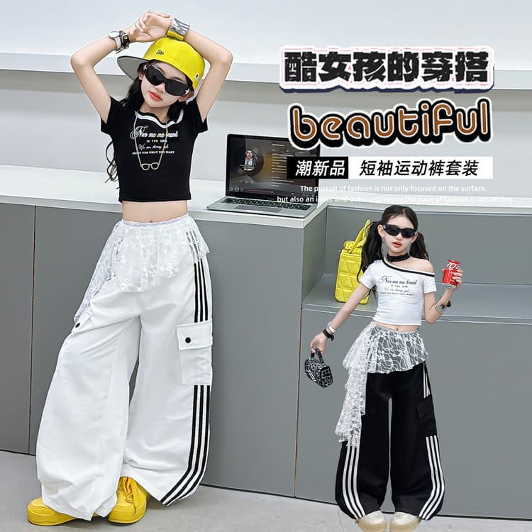 Kids Jazz Dance Costume Hip Hop Girls Street Dance Curved Blade Pants Jazz Girls Runway Children's Stage Performance Outfit Trendy