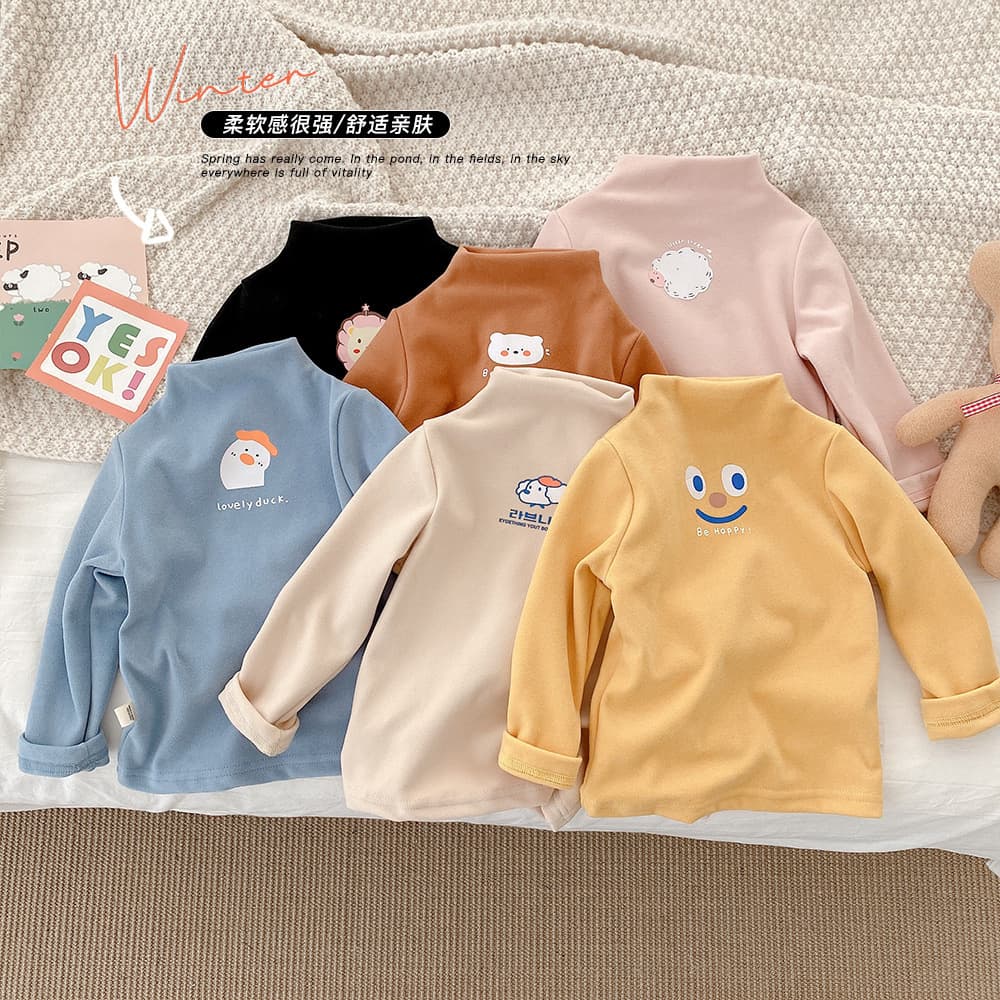 High Collar Long Sleeve Children's Base Shirt Cotton Velvet Print Autumn Winter Kids' Inner Wear Top Unisex Soft Comfortable