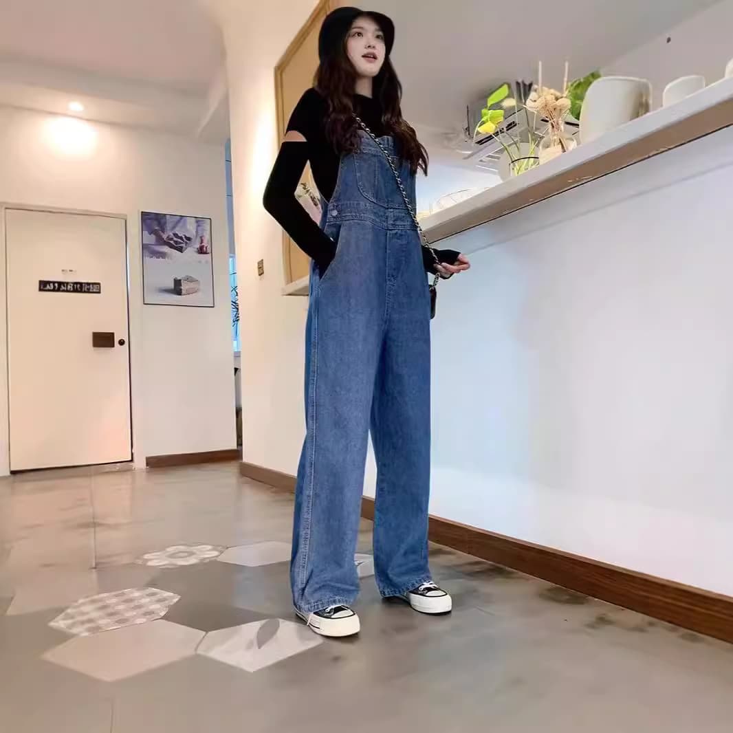 2026 Straight Leg Denim Overalls for Women with Wide Hips and Thick Thighs, Korean Loose Fit Spring Style, Student Retro Wide Leg Pants
