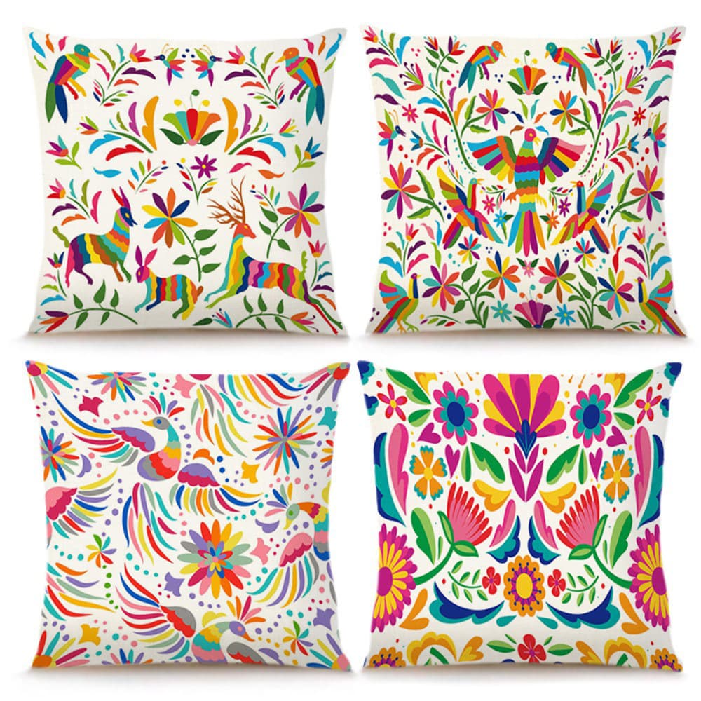 New Mexican Style Linen Pillow Cover with Colorful Floral Print, Home Living Room Sofa Decorative Cushion Cover