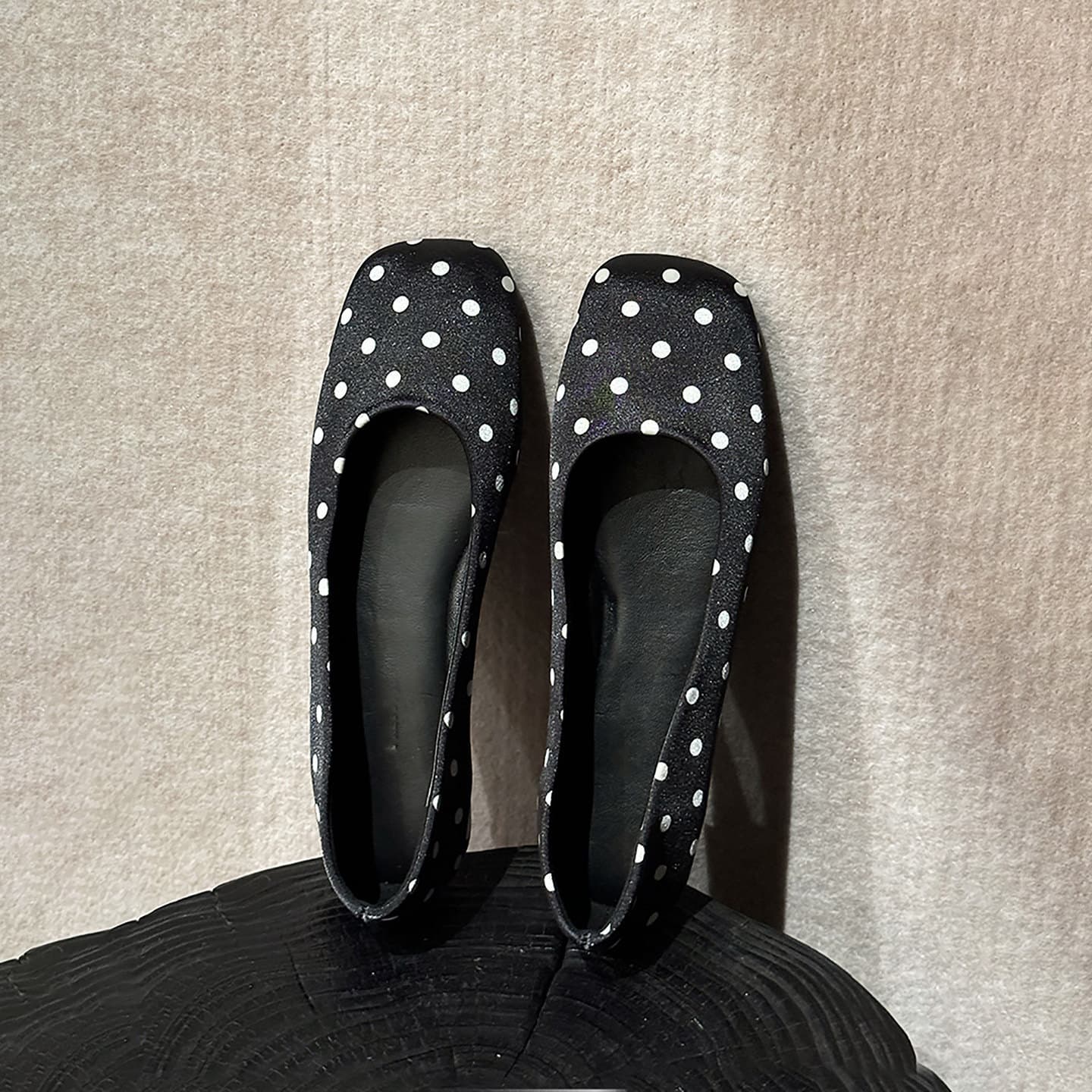 Sheepskin Version~Black Polka Dot Flats for Women, Simple Flat Square-Toe Shallow Ballet Shoes, Slip-On Shallow Pumps