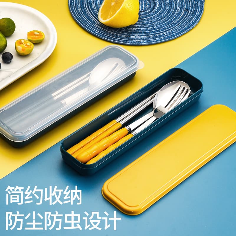 Creative Cutlery Set Cute Stainless Steel Chopsticks Spoon Fork Travel Portable 3-Piece Set with Box, Custom Logo Available