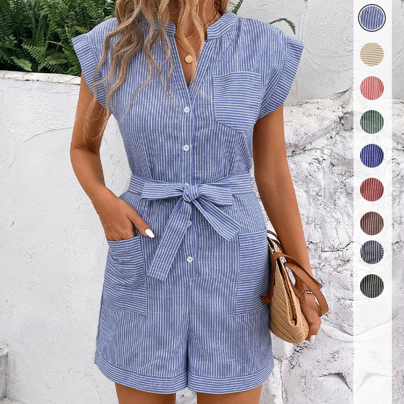 Cross-Border Hot-Selling Summer European and American Style Jumpsuit for Vacation, Casual, Simple, Lazy V-Neck, Small Flutter Sleeves, Striped Jumpsuit Shorts