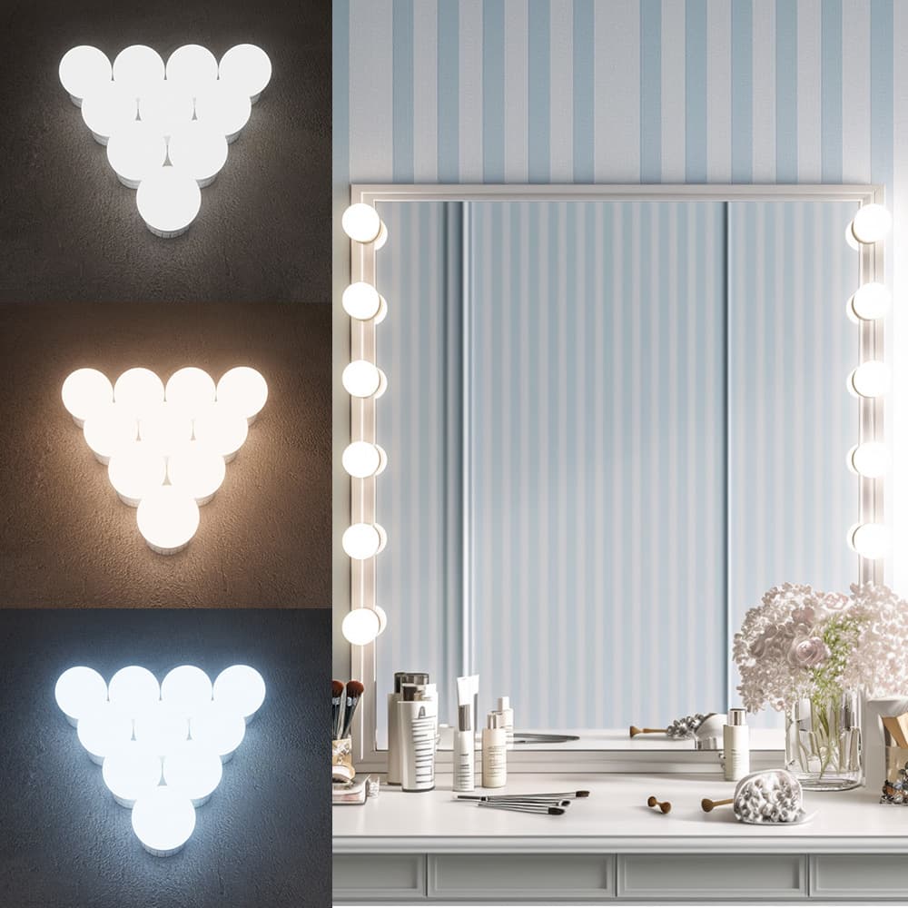 No-drill 5V/12V Hollywood vanity light, makeup light, USB fill light, dressing table light, three-color LED bulb