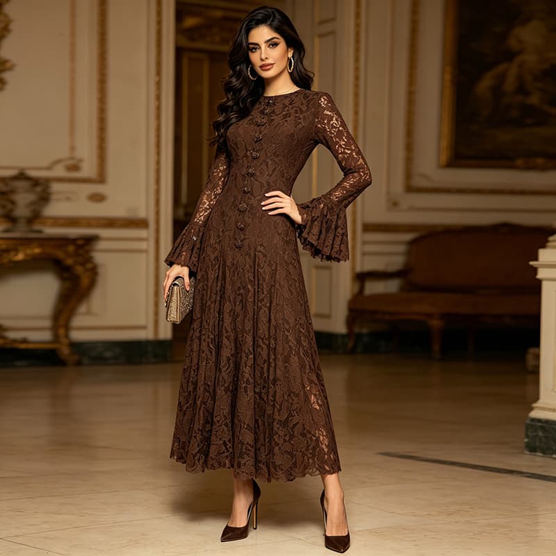 French Elegant Style High-End Long Dress 2026 Fall New Design Lace Slim Fit Dress for Women