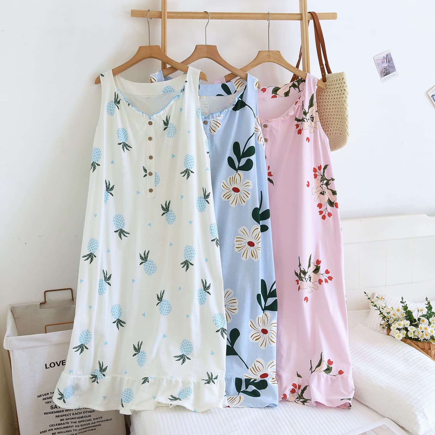 Summer Sleeveless Cotton Sleep Dress, Stretch Knit, Cool, Plus Size, Sweet Style, Women's Lace Thin Dress
