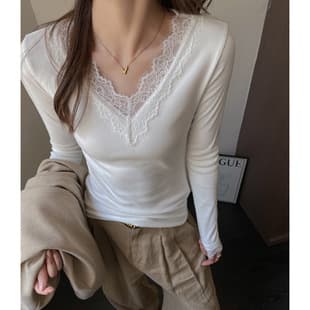 Lace Trim V-Neck Long Sleeve Top for Women, Autumn Winter Inner Layer, Deer Velvet Brushed, Slim Fit Design, Crew Neck T-Shirt
