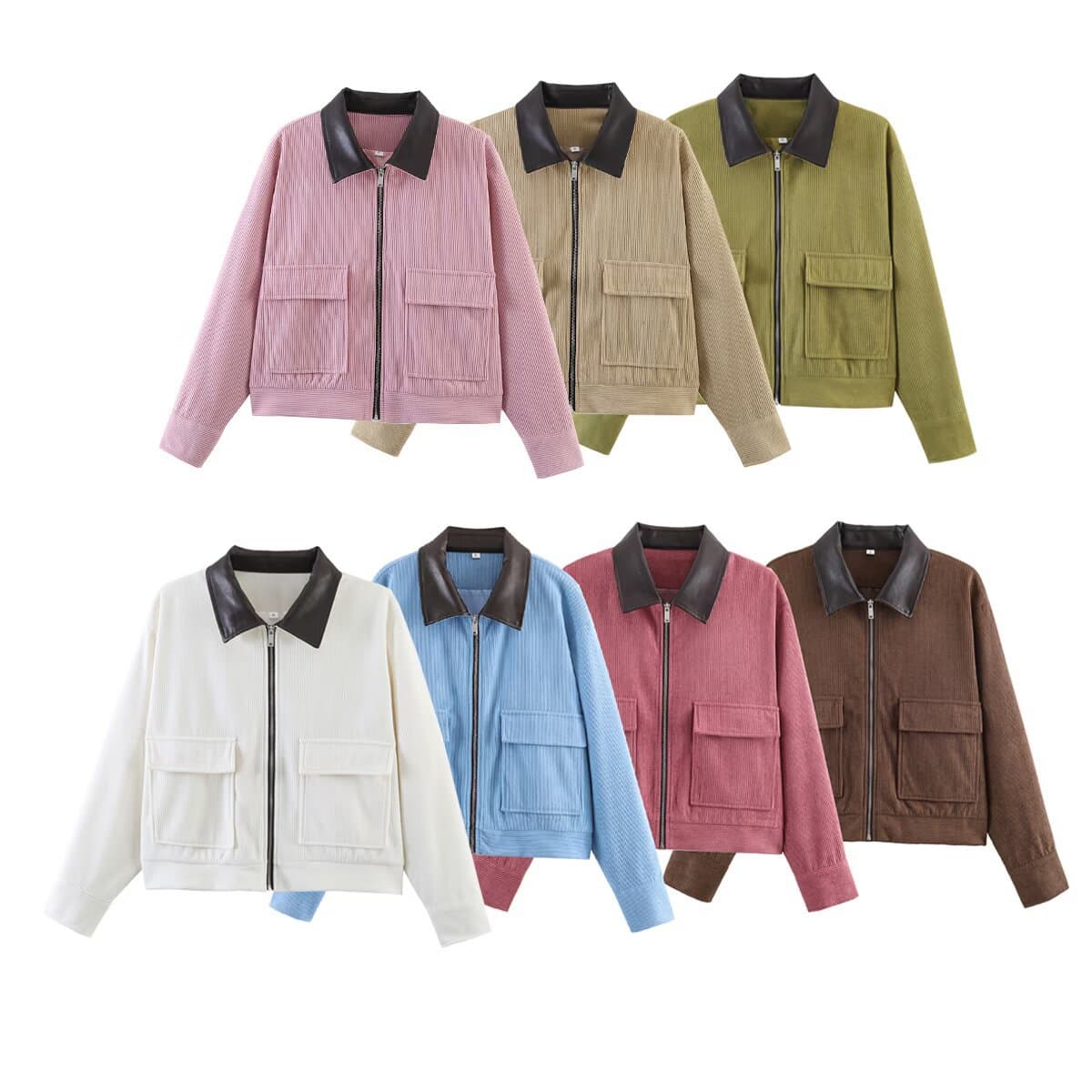 TAOP&ZA Women's 2026 Summer New Trendy Corduroy Patchwork Leather Collar Jacket Long Sleeve Coat