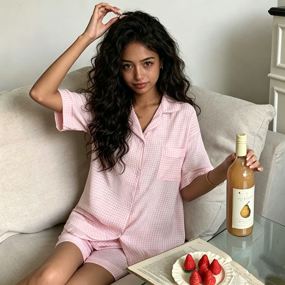 Plaid Summer Thin Short-Sleeve Pajama Women Cloud Cotton Loungewear Cardigan Lapel