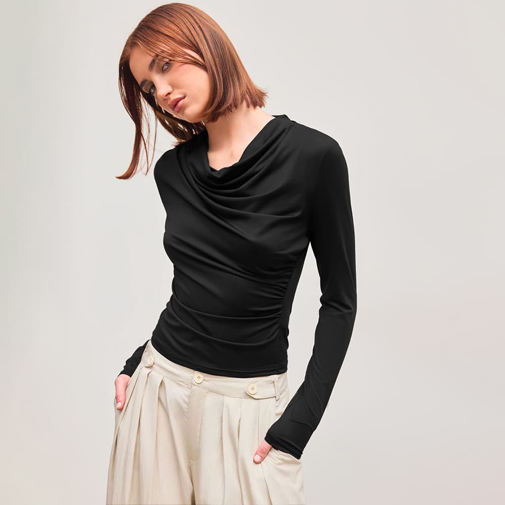 Europe and US Amazon Cross-border Foreign Trade Ins Trendy Style T-Shirt Spring Summer Slimming Slimming Design Solid Color Long Sleeve Top