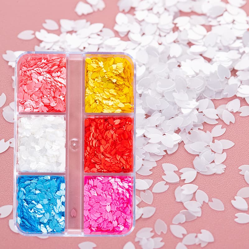 6-Grid Box of Trendy Petal Glitter White Cherry Blossom Mixed Color Nail Art Sequins DIY Handmade Flow Filling Petals