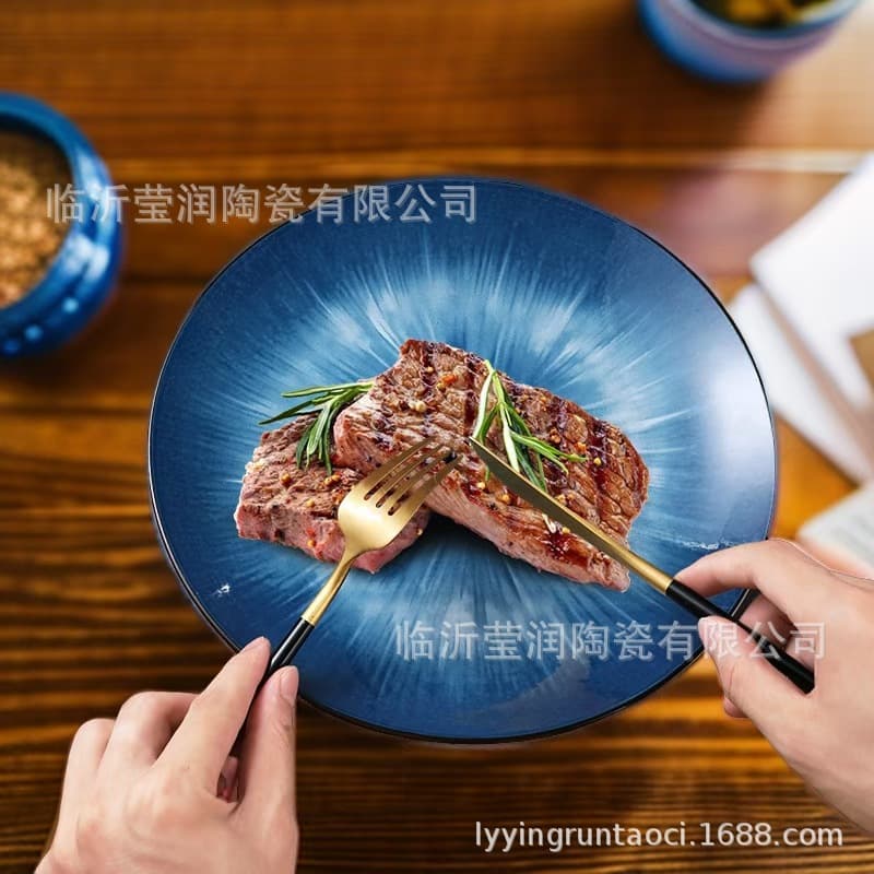 Blue ceramic plate, high aesthetic value, 10-inch Nordic gradient color steak plate for home use, Western breakfast tableware, starry sky design
