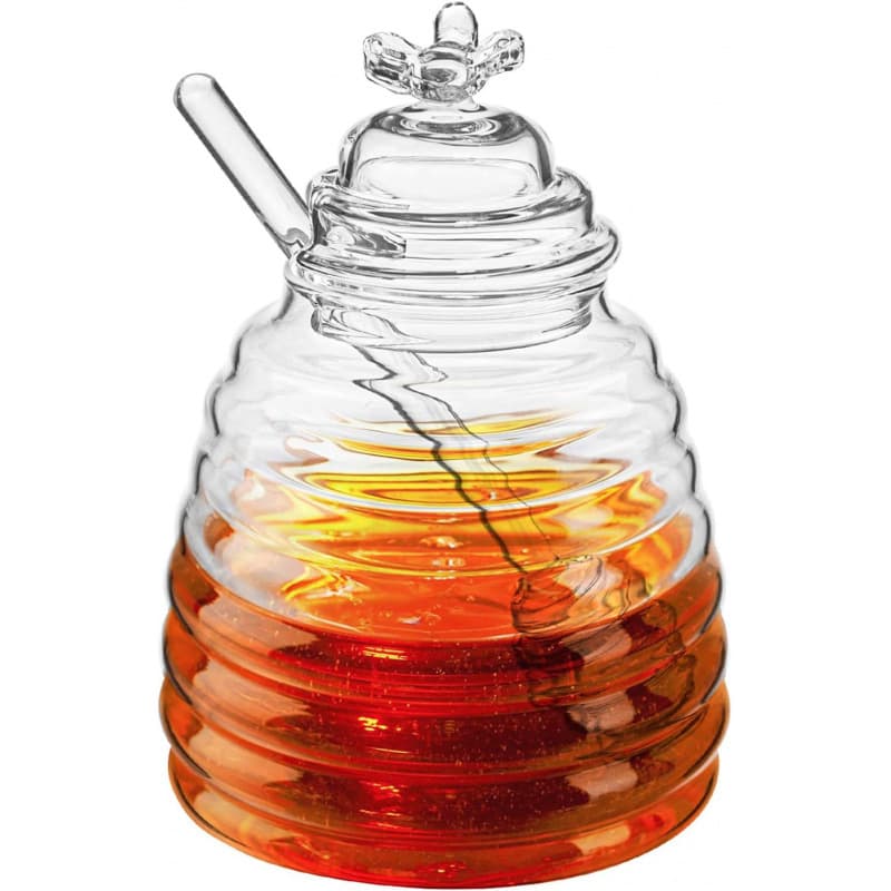 Honey Jar with Dipper and Lid, Honey Bee Pot, 17oz Glass Bee