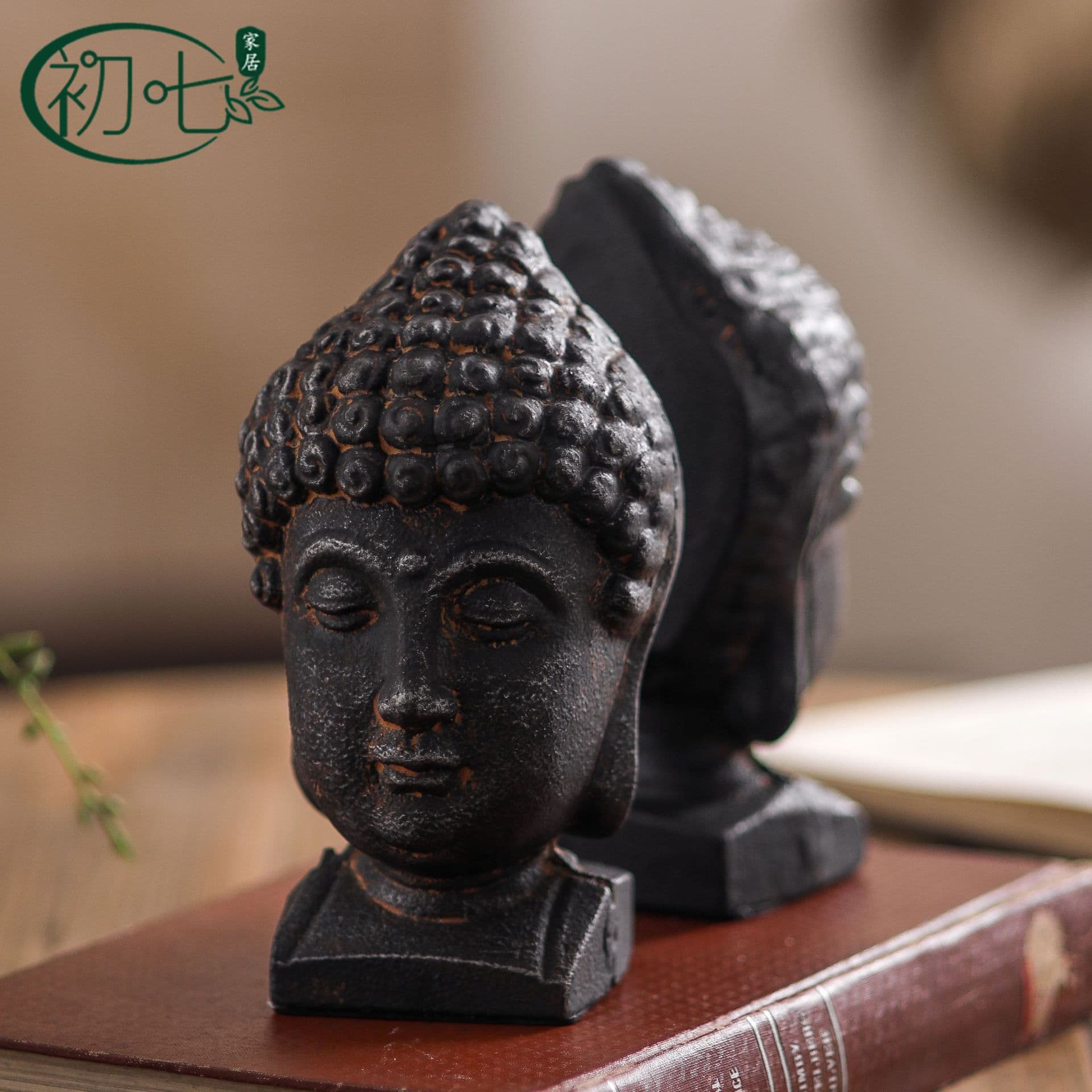 Tea Room Vintage Zen Tathagata Buddha Statue Bookend, Wrought Iron Antique Finish Study Book Stopper, Entrance Decor Fruit Craft Ornament
