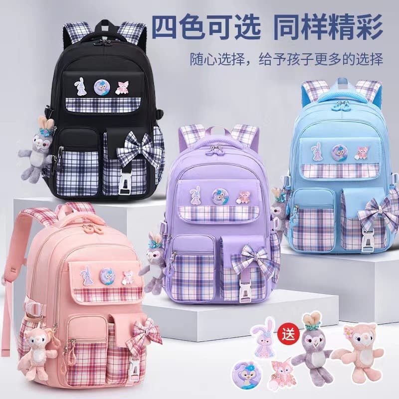 New Elementary School Backpack for Grades 1-6, Ultra-Light Reduced-Load Kids Bag, Girls' Bow Princess Backpack, Large Capacity