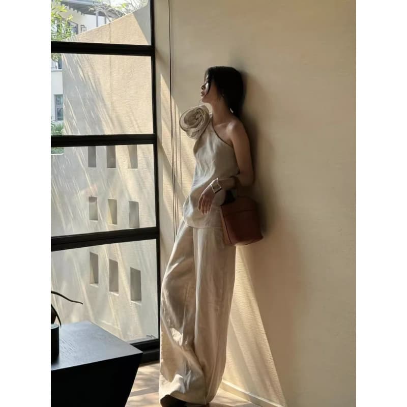 Old Money Style Summer Fashion Set: White Off-Shoulder Floral Linen Top and Wide-Leg Pants Two-Piece Set, Simple Women's Outfit