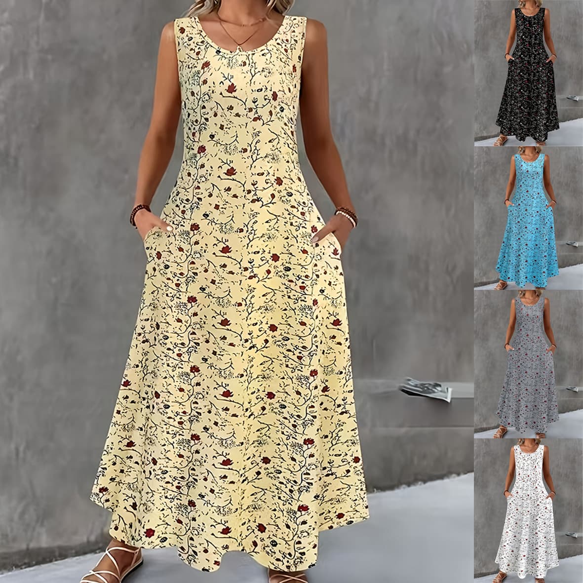 European and American Cross-Border Amazon Fashion Spring and Summer New Round Neck Sleeveless Printed Dress Elegant