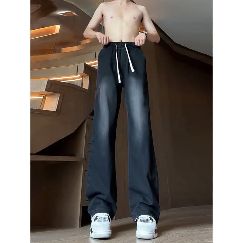 Black-Gray Flared Jeans Men's Drawstring Elastic Waist Pants American High Street Vibe Slimming Curved Blade Pants