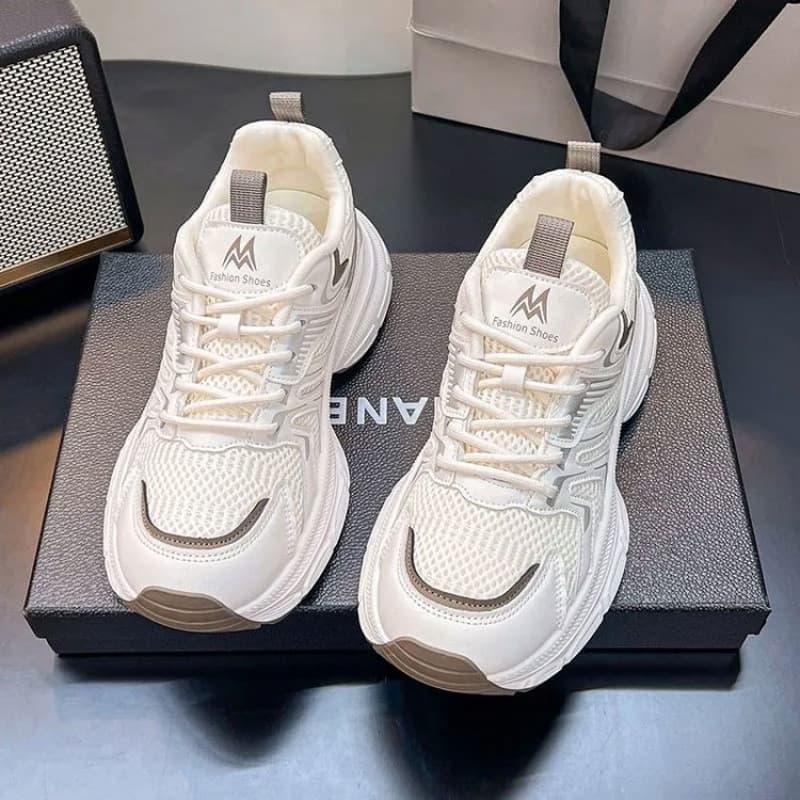 Spring and Summer Breathable Thick-Soled Dad Sneakers for Women, White-Gray Mesh Lace-Up Versatile Daily Casual Sports Shoes, Drop Shipping