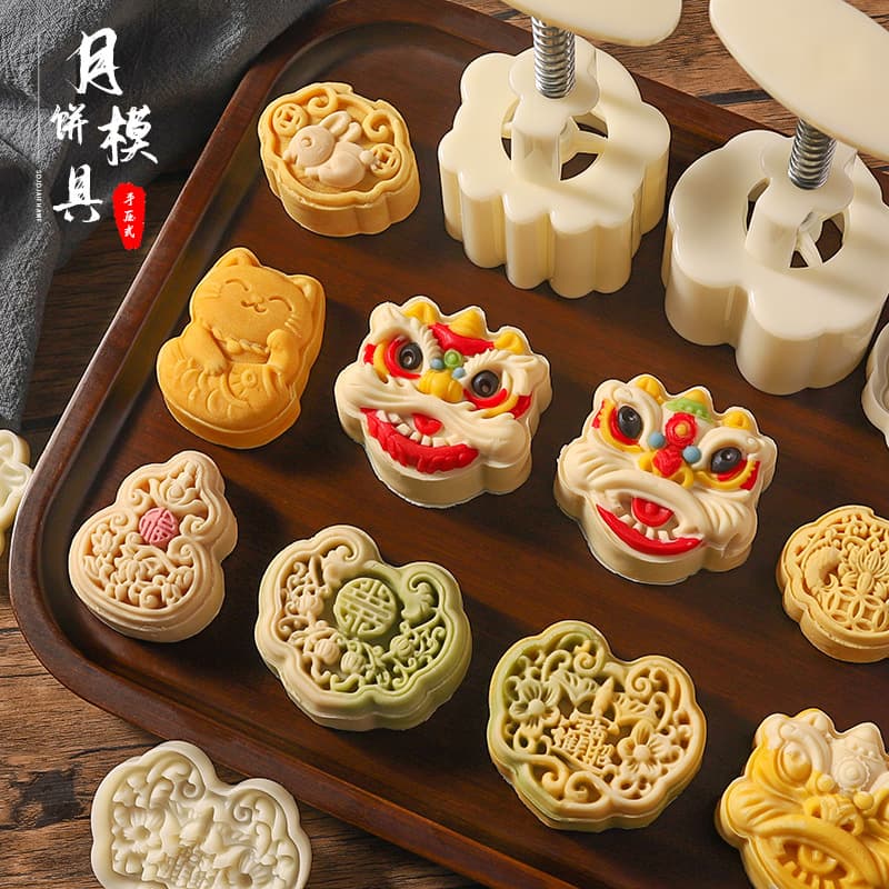 2024 New Lion Dance Mooncake Molds, Home Mid-Autumn Ruyi National Style 75g for 50g Snow Skin Cantonese Embossing Molds