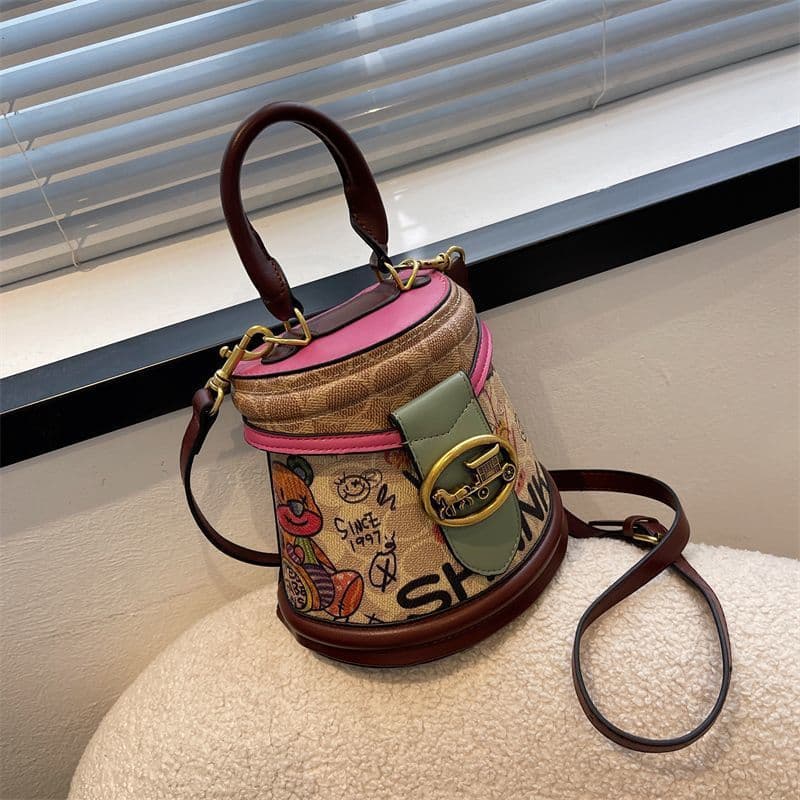 Bucket Bag 2024 New Graffiti Cylinder Handbag Fashion Casual Shoulder Crossbody Bag