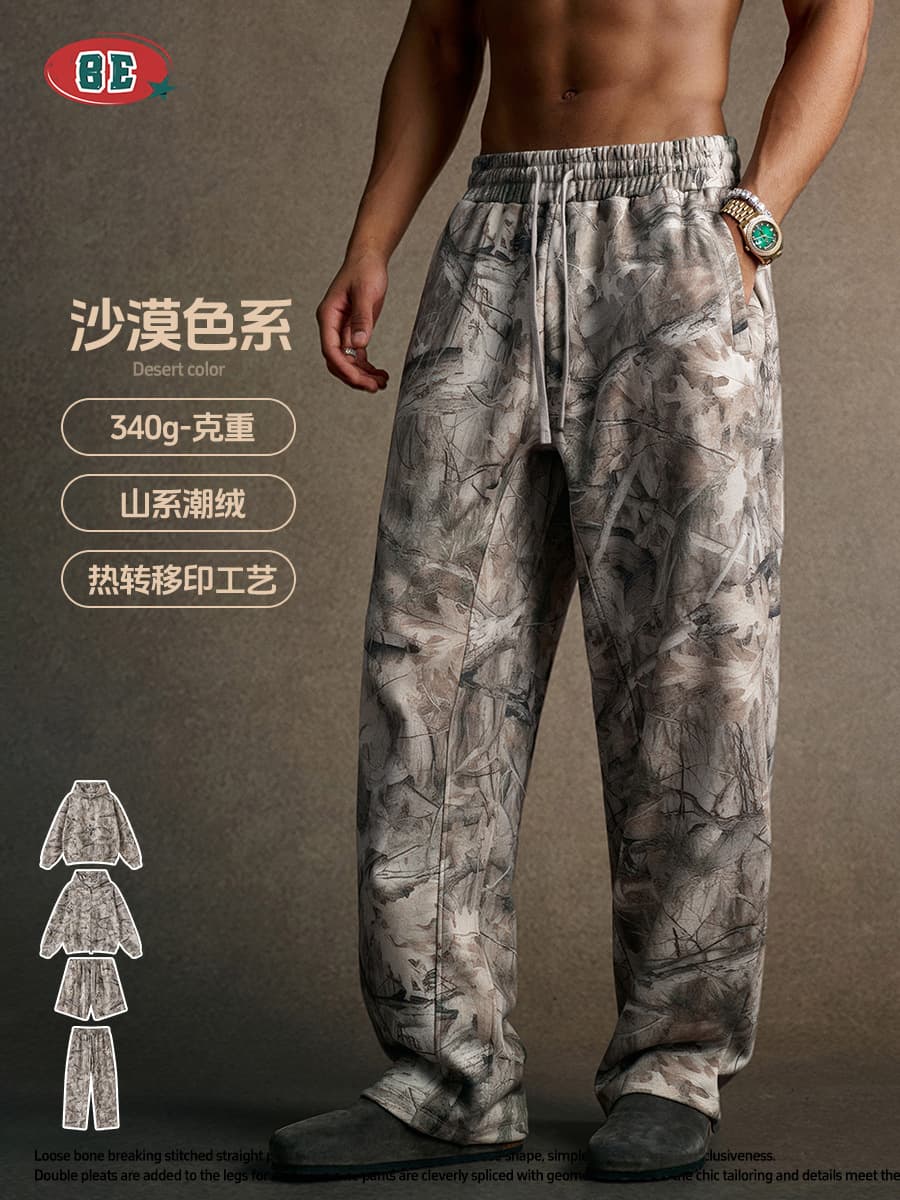 BE Men's 2025 Winter American Streetwear Camo Fleece Hoodie and Pants Set with Shorts