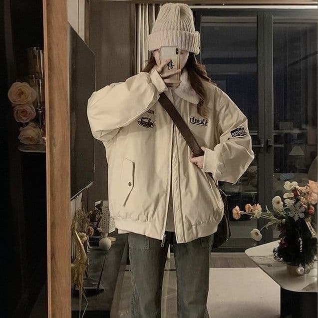 American Style Quilted Thick Baseball Jacket for Women, 2024 Autumn/Winter New Arrival, Lapel Color-Block with Embroidered Logo, Loose Warm Padded Coat