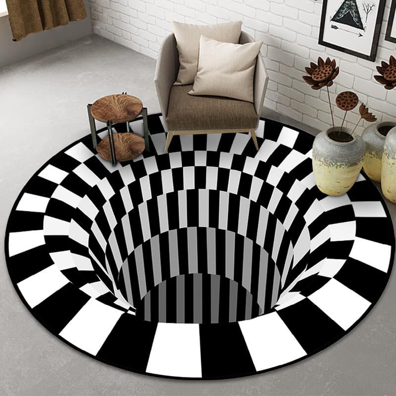 Cross-border Halloween black and white 3D stereoscopic vision round carpet bedroom sofa living room water absorption illusion trap floor mat