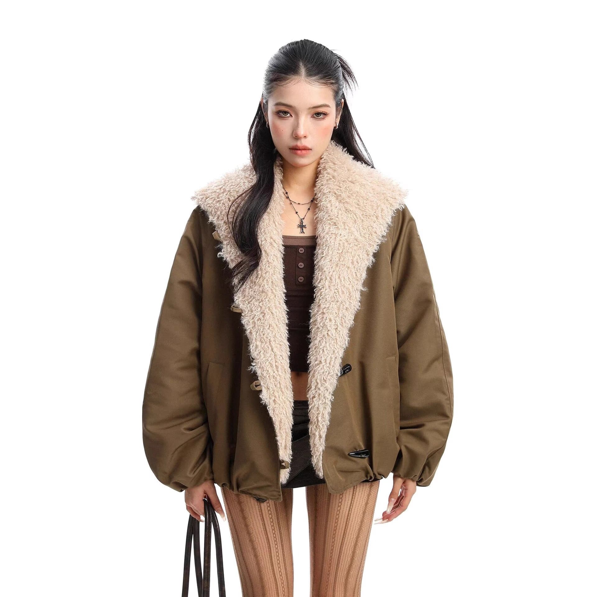 Cross-border Women's Fashion 2025 Fall Winter Trendy Lazy European American Style Notch Lapel Horn Button Cotton Jacket Coat