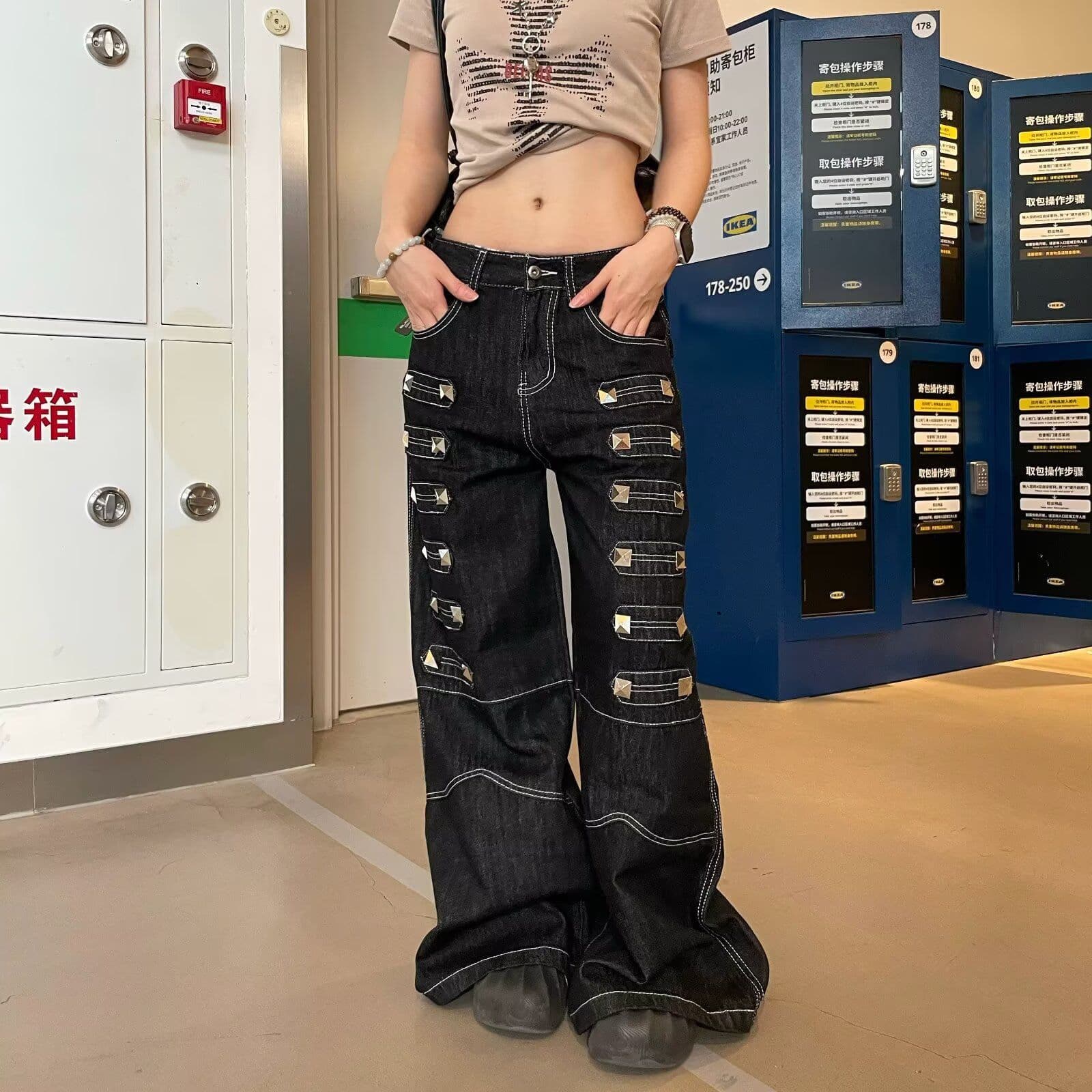 American High-Street 3D Stud Design Deconstructed Wide-Leg Jeans for Women Gothic Style Slimming Loose Straight-Leg Floor-Length Pants