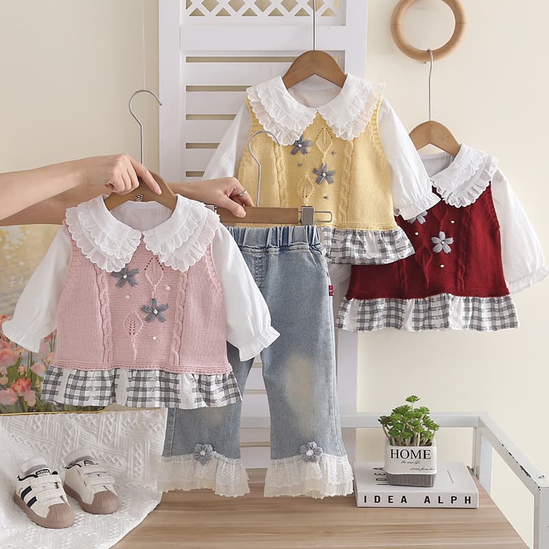 Girls' Outfit Set Spring Autumn 2026 New Baby Autumn Clothes Korean Style Trendy Casual Sweater Vest 3-Piece Set Dropshipping
