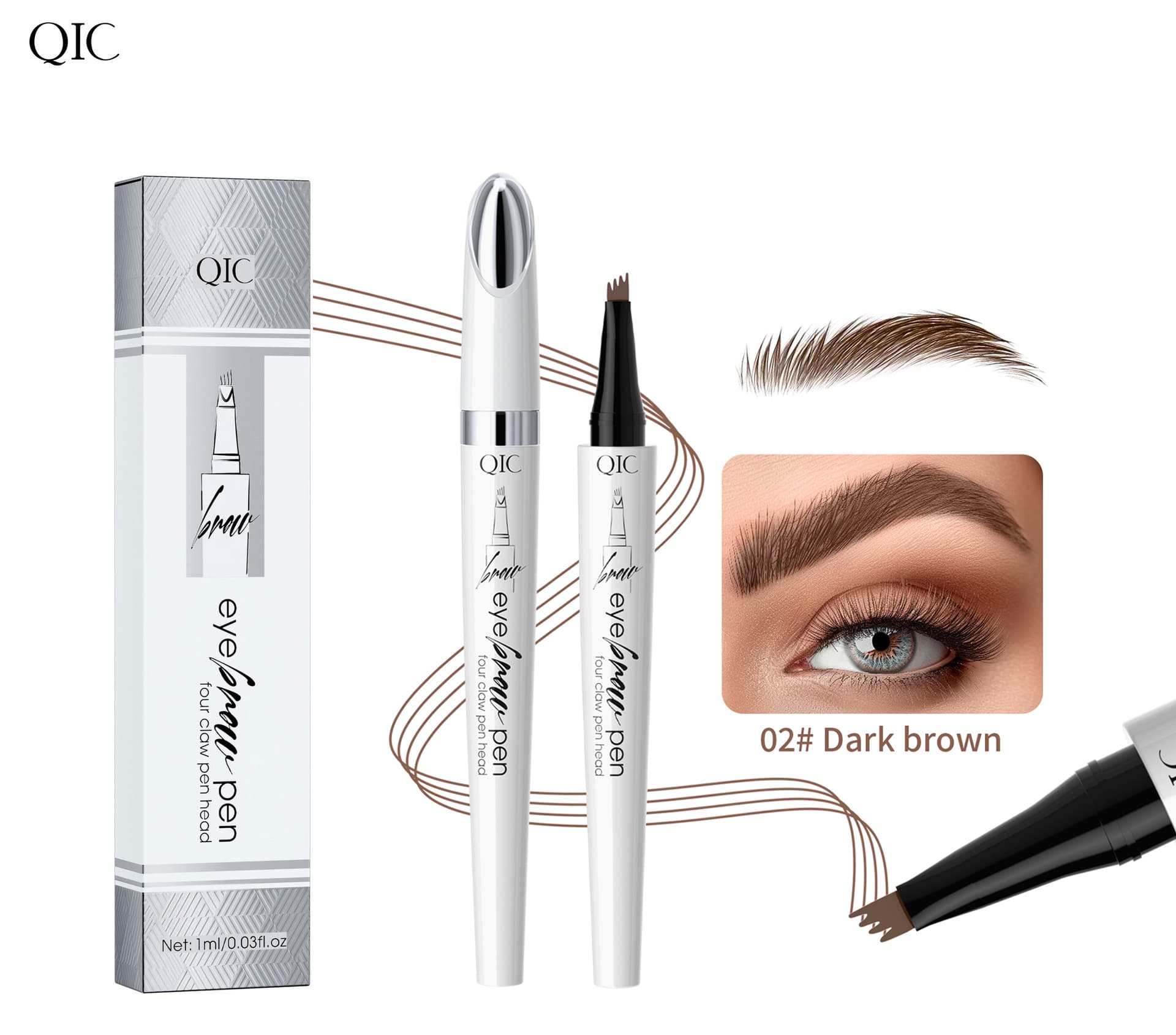 QIC Hot-Selling Cross-Border Cosmetic Liquid Eyebrow Pen Ultra-Fine Waterproof Sweat-Resistant Smudge-Proof Four-Prong Water Eyebrow Pen Wholesale