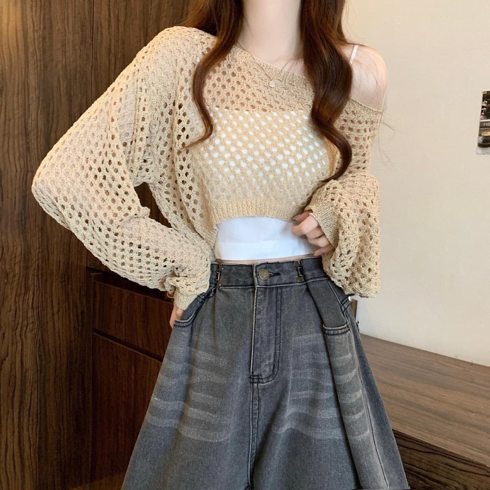 European and American Cross-border Amazon Summer New Knitwear Short Cardigan Hollow Out Solid Color Loose Round Neck Sweater Top