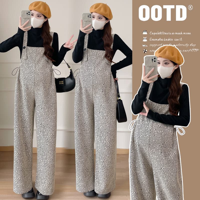 Original Real Shot 2024 Winter Striped Loose Slimming Versatile Maternity Knit Top + Overalls Front and Back Two-Way Wear