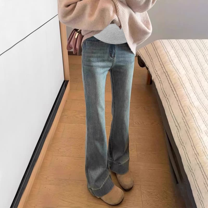 9129# New maternity jeans autumn high elastic bell bottoms versatile simple retro blue long pants for outer wear