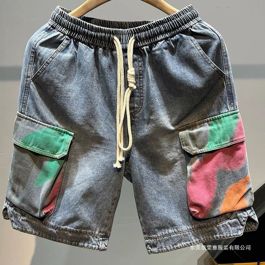 2024 Summer Trendy Brand Graffiti Printed Denim Shorts Loose Quarter Pants American High Street Handsome Drawstring Overalls