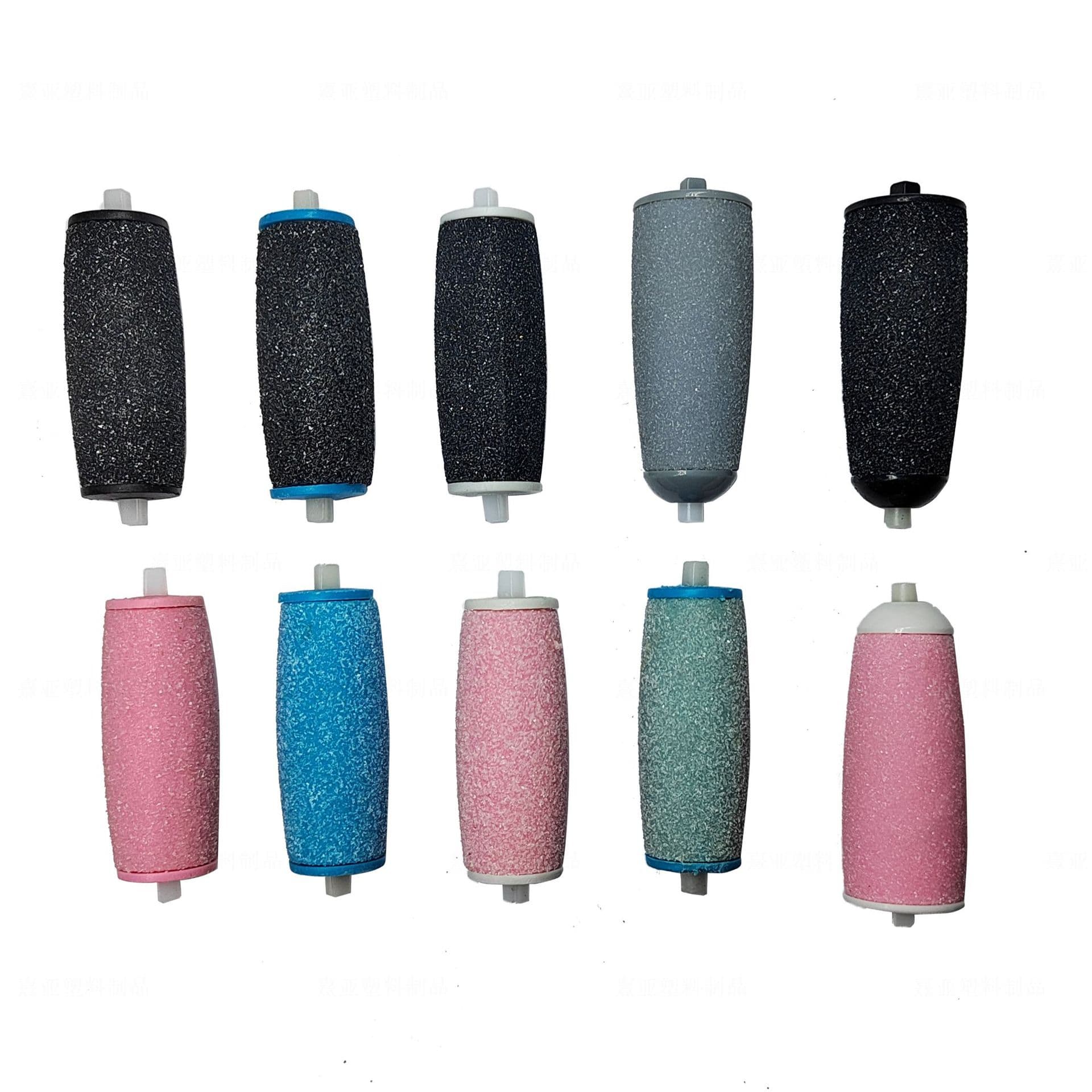 Factory stock foot grinder replacement sanding heads in black, blue, pink, individual sanding discs